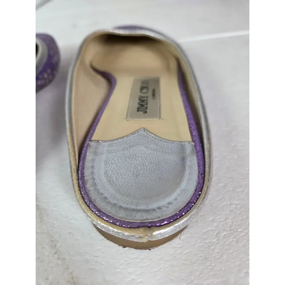 Jimmy Choo Slip On Backless Flats Silver Sparkle Designer 37 1/2 Floral Metalic - Picture 12 of 13